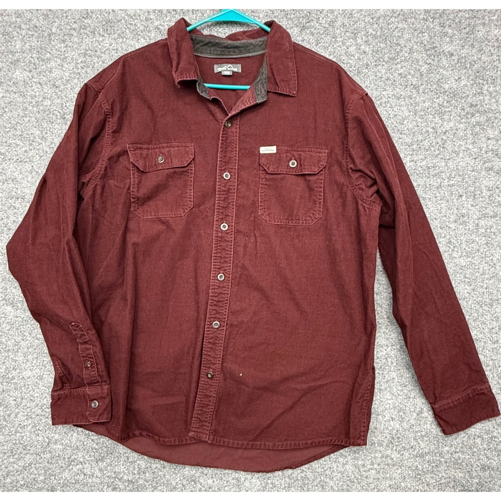 Eddie Bauer Mens XL Corduroy Button Down Shirt Burgundy Long Sleeve Waffle Trim